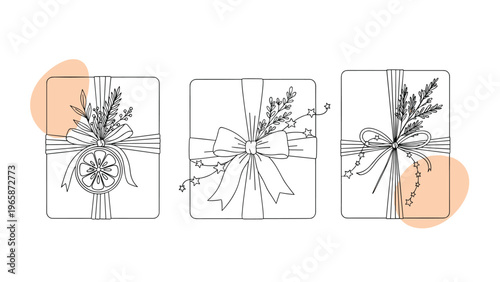 Group of three gift boxes tied with ribbons and decorated with botanical elements and orange slices in a minimal line art style.