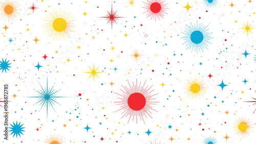 Bright and colorful seamless pattern of stylized suns and stars of various sizes scattered across a clean white background.