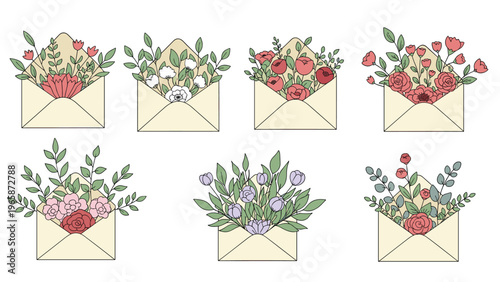 Collection of open envelopes filled with colorful bouquets of flowers and leaves in a charming hand-drawn illustration style.