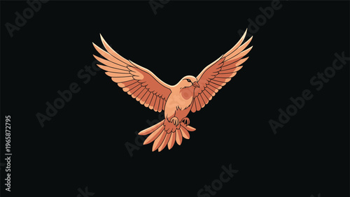Elegant peach-colored dove flying with wings spread wide against a solid black background symbolizing peace and hope.