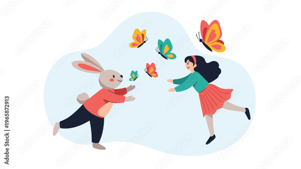 Naklejka premium Whimsical illustration of a young girl and a cute bunny rabbit playing with colorful butterflies in an open blue space.
