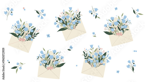 Seamless floral pattern with envelopes overflowing with blue flowers and green leaves on a clean white background for stationery.
