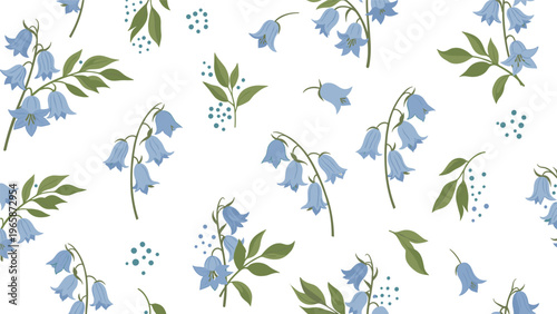 Beautiful blue bell flower seamless pattern with green leaves on a white background for elegant wallpaper and fabric designs.