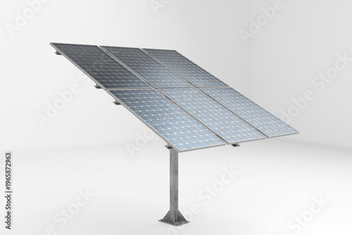 Large solar panel installation with metal stand isolated on white renewable energy concept