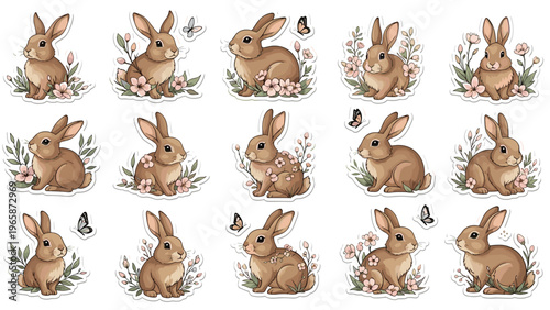 Large set of cute brown bunny stickers decorated with delicate pink flowers and fluttering butterflies on a white background.