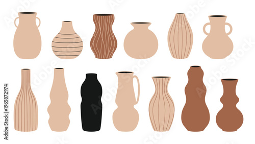 Set of diverse ceramic vases and pots in earthy tones and various geometric shapes isolated on a clean white background.