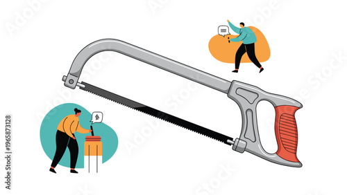 Creative conceptual illustration of a giant hacksaw tool being used by tiny people to cut through various materials.