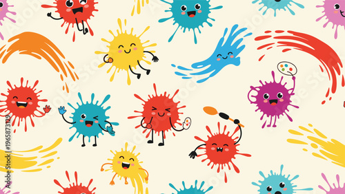 Fun seamless pattern of vibrant paint splats with cute faces holding brushes and palettes on a neutral light background.