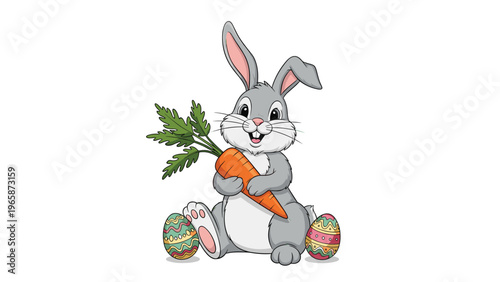 Adorable grey bunny sitting and holding a large orange carrot with two beautifully decorated Easter eggs at its feet.