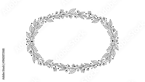 Elegant oval floral wreath hand-drawn in black ink featuring delicate leaves and small flowers for decorative invitations.