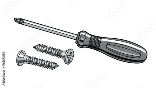 Professional screwdriver with metal shaft and ergonomic handle placed next to two cross-head screws for construction work.