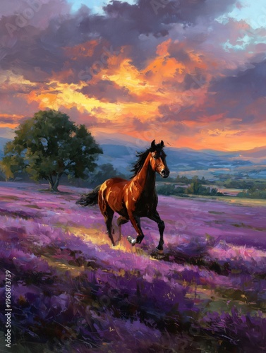 Horse Runs Through Purple Flowers at Sunset With a Tree in the Background and...