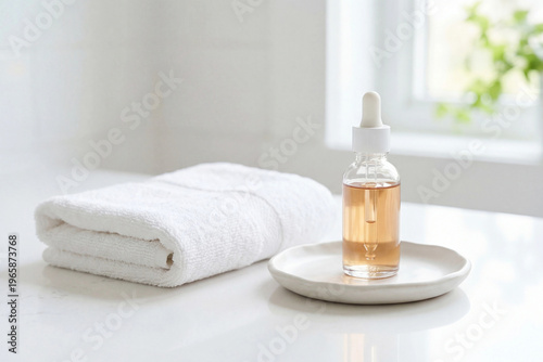 liquid cosmetic bottle and folded towel on ceramic tray in bathroom