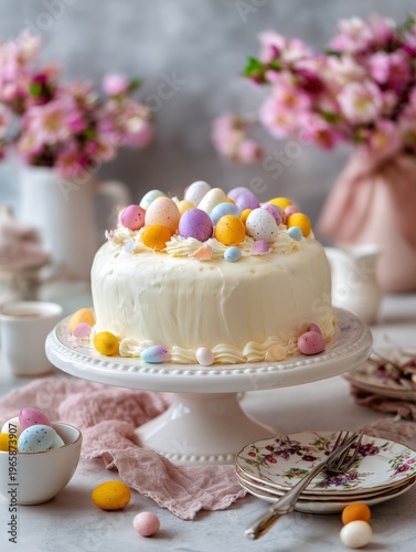 Easter Cake Decorated With Colorful Eggs and Flowers on a Table in a Bright S...