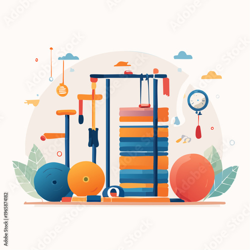 Fitness equipment illustration featuring weight plates, dumbbells, and exercise ball