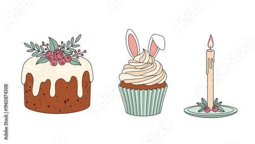 Set of festive Easter treats including a traditional glazed cake with berries, a bunny-ear cupcake, and a lit candle.