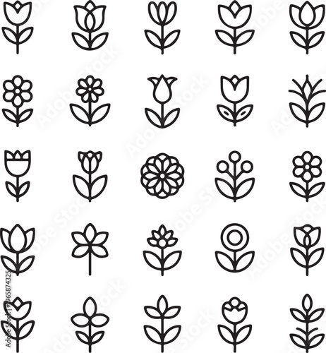 A coherent grid featuring various outline icons of minimalist flowers and plant buds on a clean white field