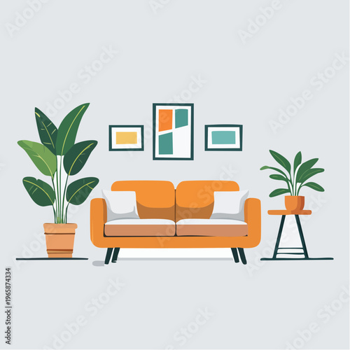 Cozy minimalist living room interior flat illustration with a comfy sofa and green potted plants