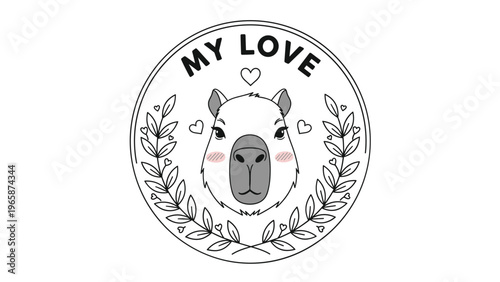 Round emblem featuring a cute capybara head with pink cheeks surrounded by a floral wreath and the words My Love on top.