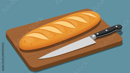 Freshly baked loaf of French baguette bread resting on a wooden cutting board next to a sharp professional kitchen knife.