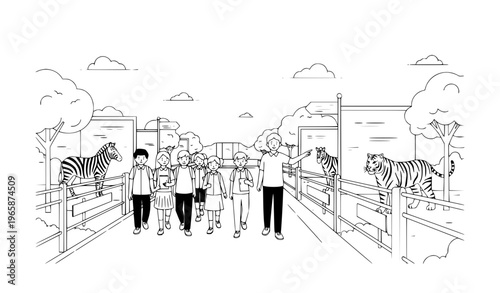 Students walking in zoo with teacher watching animals black and white line art vector educational tour