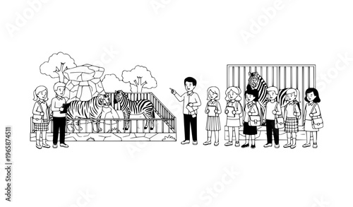 School students zoo visit with teacher observing animals black and white flat vector educational trip scene