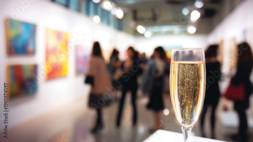 Glass of champagne at an art exhibition opening with blurred people looking at the paintings