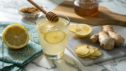 Refreshing lemon ginger drink with honey and fresh ingredients beverage lemonade