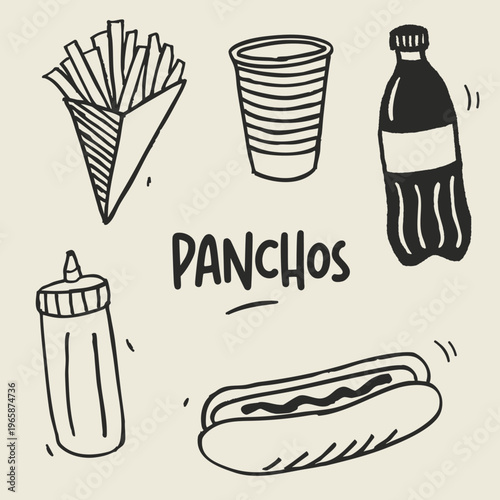 Panchos, aderezp, papas fritas y gaseosa con vaso descartable doodles icono