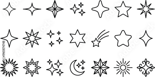A collection of various star and moon illustrations in black lines on a white background