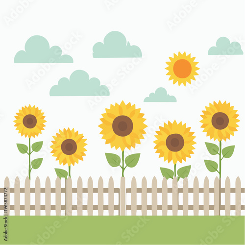 Charming illustration of a vibrant sunflower field scene with a picket fence under a sunny sky and fluffy clouds