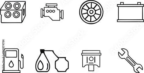 A collection of black and white line drawings depicting various car maintenance and repair tools and parts