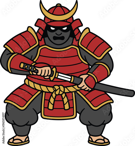 Japanese Samurai Warrior in Traditional Red Armor with Katana Sword and Horned Helmet, Bold Cartoon Style vector illustration
