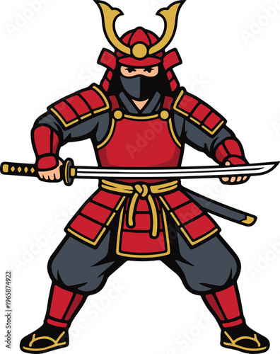 Japanese Samurai Warrior in Red Battle Armor with Horned Helmet and Katana Sword, Fierce Combat Ready vector illustration
