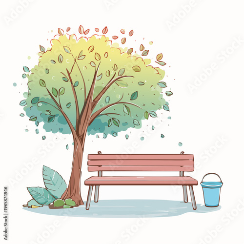 A Serene Park Scene with a Vibrant Tree and Empty Bench, Inviting Tranquility and Relaxation