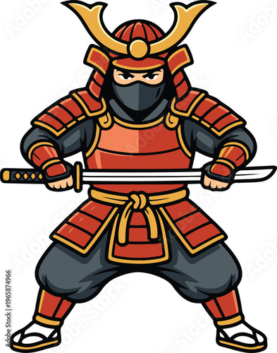 Armored Japanese Samurai Warrior in Red Plated Armor with Golden Crescent Helmet and Katana, Symmetrical Battle Stance vector illustration
