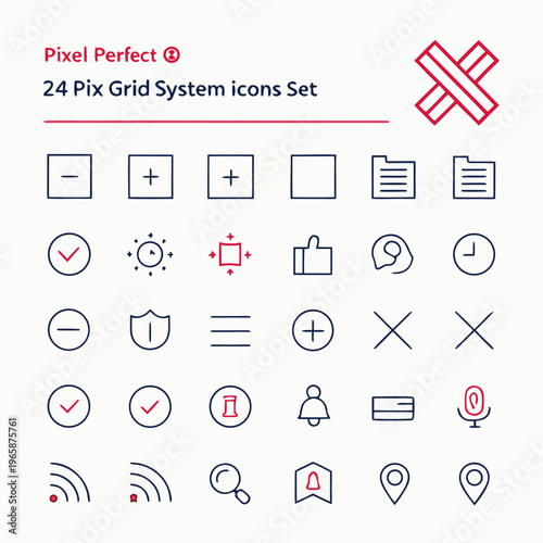 Canvastavla Pixel perfect 24 pix grid system icons set, vector outlined ui elements for web