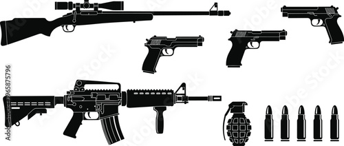 A stark silhouette collection displays various firearms including rifles pistols an assault weapon and ammunition alongside a grenade high quality professional detailed modern