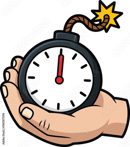 A hand holding a bomb shaped like a stopwatch with fuse and star shaped detonator  countdown to explosion