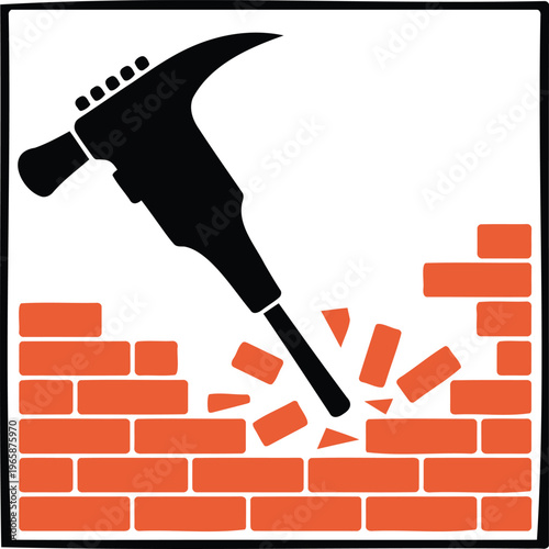 Black pickaxe breaking through red brick wall with scattered pieces  destruction concept