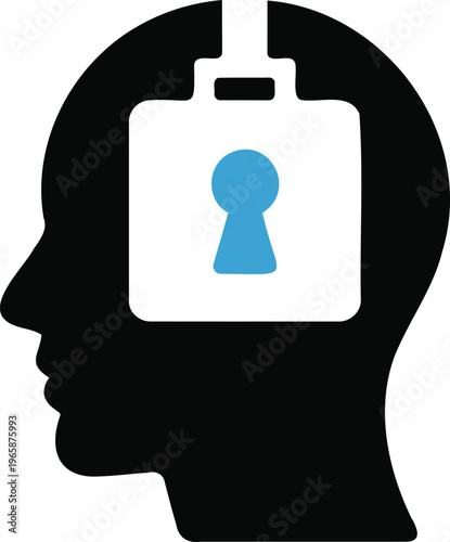 Black silhouette of a human head with a keycard and blue key symbol inside  representing access to thoughts and ideas