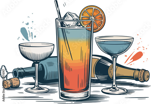 Colorful Layered Cocktail with Orange Slice and Ice in Tall Glass with Champagne Bottle and Glasses