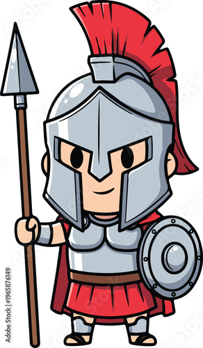 Determined Chibi Roman Gladiator Character with Silver Armor and Large Red Plumed Helmet Wielding Wooden Spear and Round Shield Cartoon vector illustration

