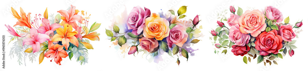 Fototapeta premium PNG Vibrant watercolor floral arrangements on transparent background