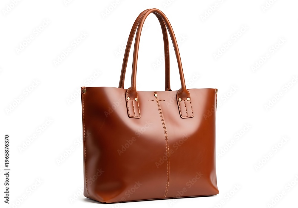 Naklejka premium Brown leather handbag sitting on white background with smooth handles and shiny surface