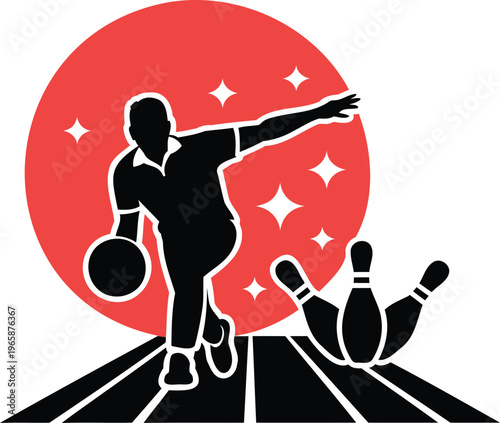 Bowling player throwing ball on lane with pins and red background with stars