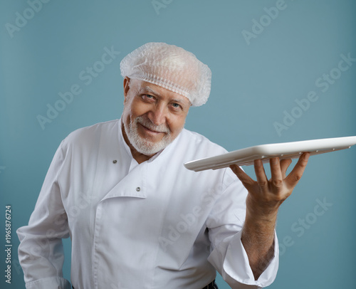 Senior chef stands with a plate smiling in a kitchen with a blue background while wearing a hair net and white uniform