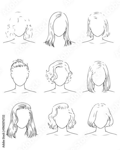 A collection of nine simple black and white line art sketches showing various female hairstyles