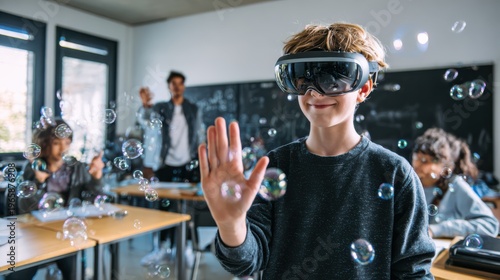 A child uses augmented reality goggles to interact with virtual bubbles in a classroom setting, while others watch and learn.