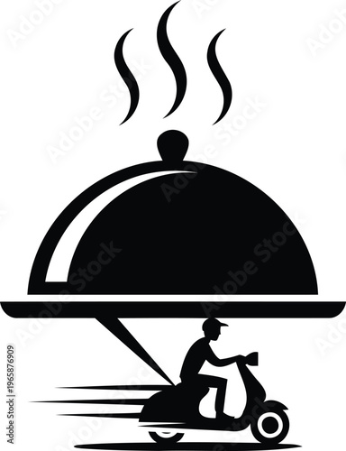 Food delivery service motor scooter rider carrying hot covered plate fast  delivery concept